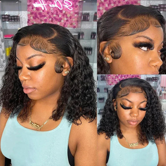 200% Density Short Curly Bob Wigs 13x4 Lace Front 4x4 Closure Deep Wave Brazilian Remy Human Hair 14 Inch