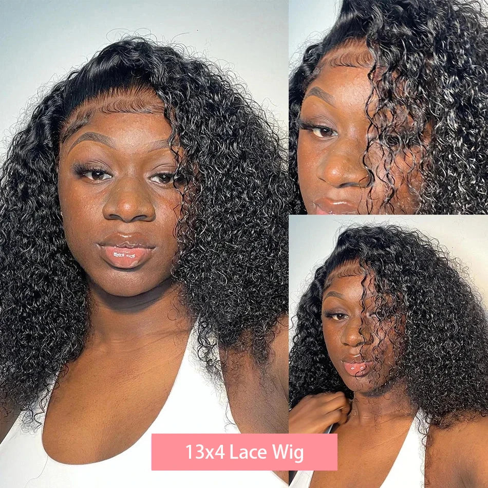 200% Density Short Curly Bob Wigs 13x4 Lace Front 4x4 Closure Deep Wave Brazilian Remy Human Hair 14 Inch
